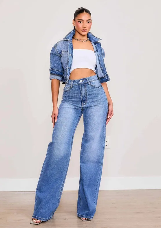 Iridescent Rhinestone High-Rise Wide Leg Jeans Medium Stone
