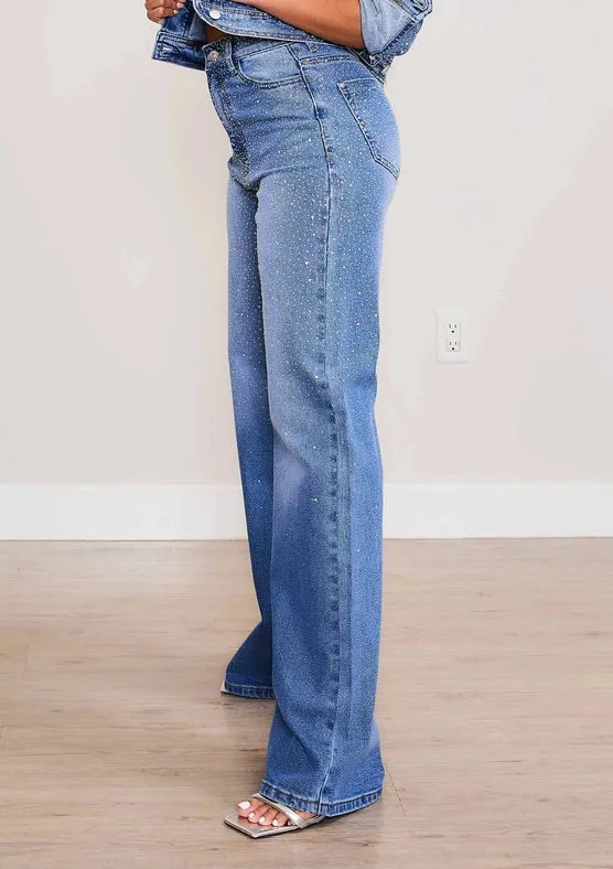Iridescent Rhinestone High-Rise Wide Leg Jeans Medium Stone