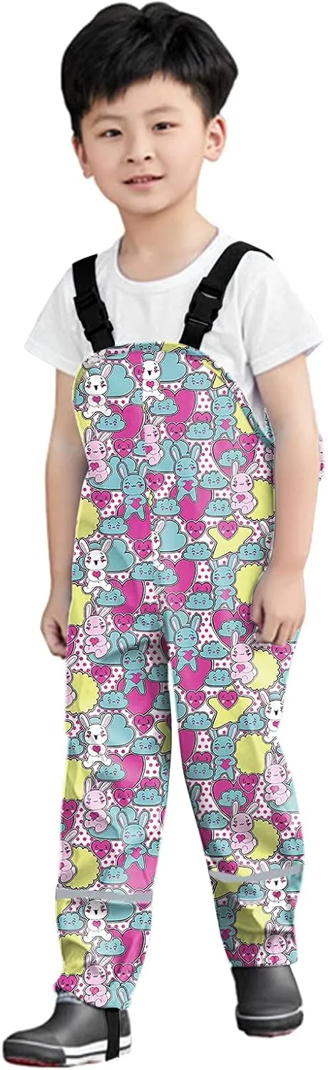 Kids Boys Girls Rain Bib Pants Printing Windproof Mudproof Adjustable Shoulder Straps Reflective Strips