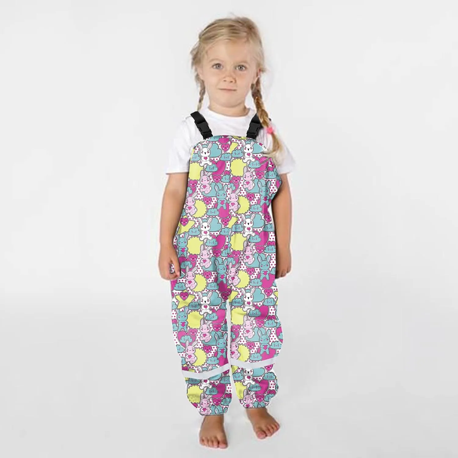 Kids Boys Girls Rain Bib Pants Printing Windproof Mudproof Adjustable Shoulder Straps Reflective Strips