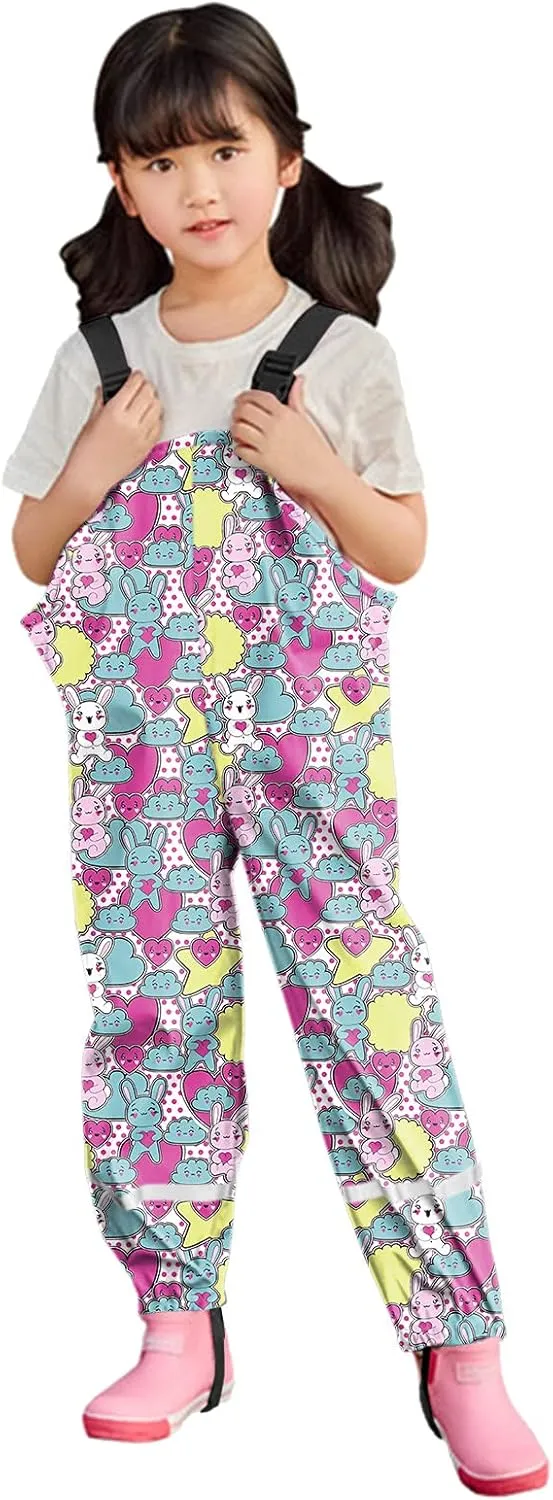 Kids Boys Girls Rain Bib Pants Printing Windproof Mudproof Adjustable Shoulder Straps Reflective Strips