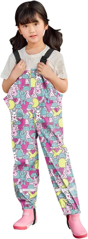 Kids Boys Girls Rain Bib Pants Printing Windproof Mudproof Adjustable Shoulder Straps Reflective Strips
