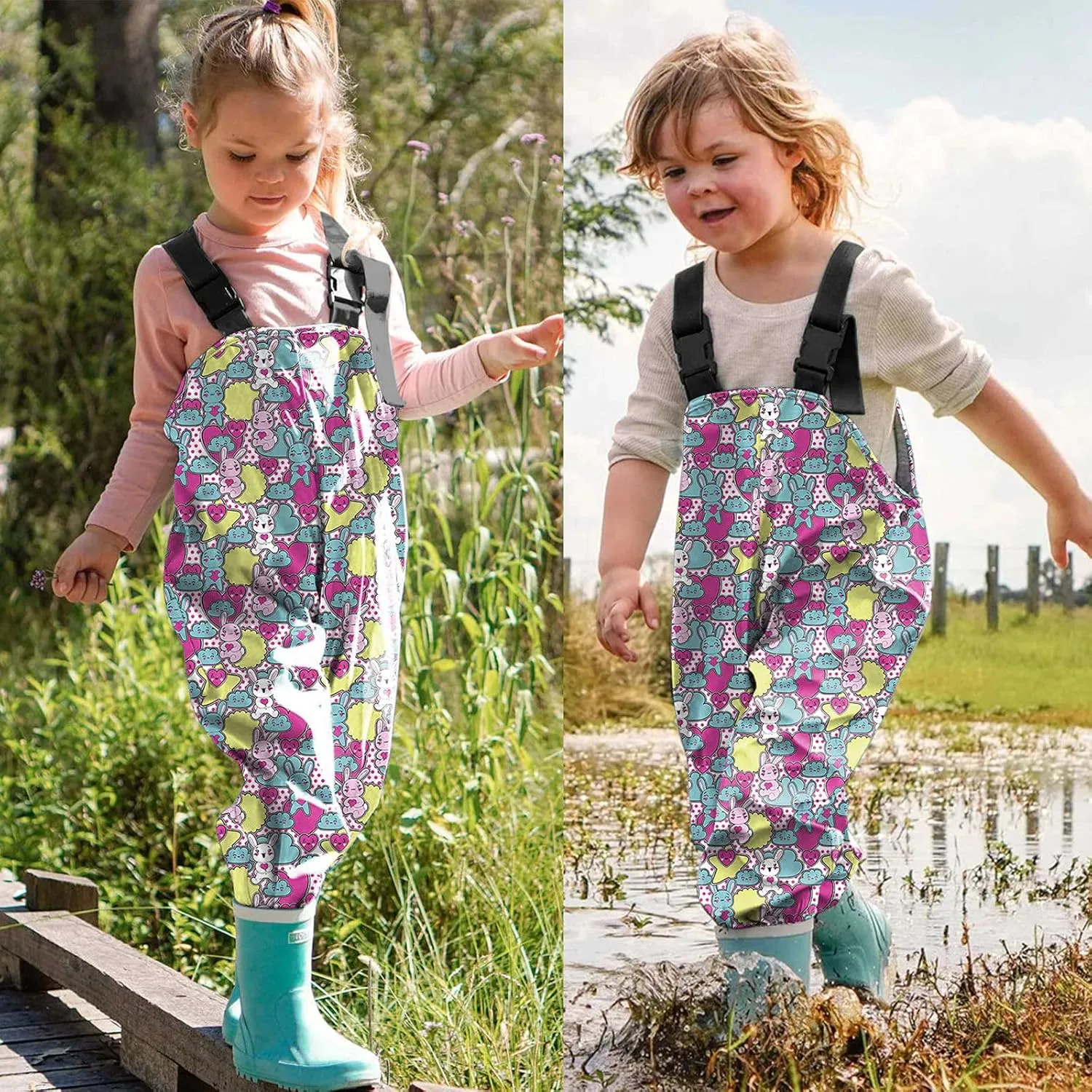Kids Boys Girls Rain Bib Pants Printing Windproof Mudproof Adjustable Shoulder Straps Reflective Strips