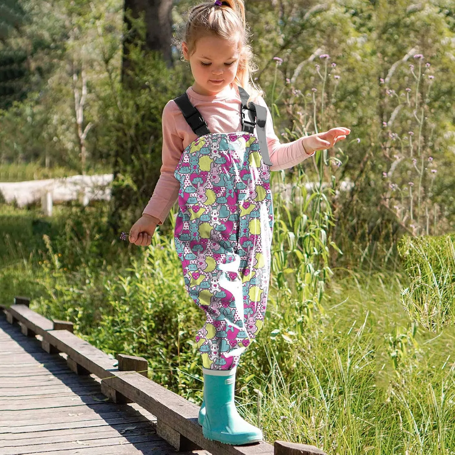 Kids Boys Girls Rain Bib Pants Printing Windproof Mudproof Adjustable Shoulder Straps Reflective Strips