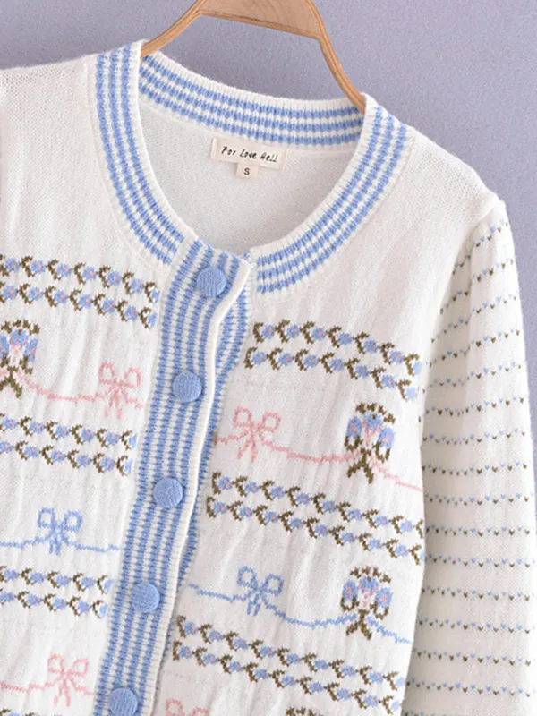 Lantern Sleeves & Bow Knit Button-Up Cozy Cardigan Sweater