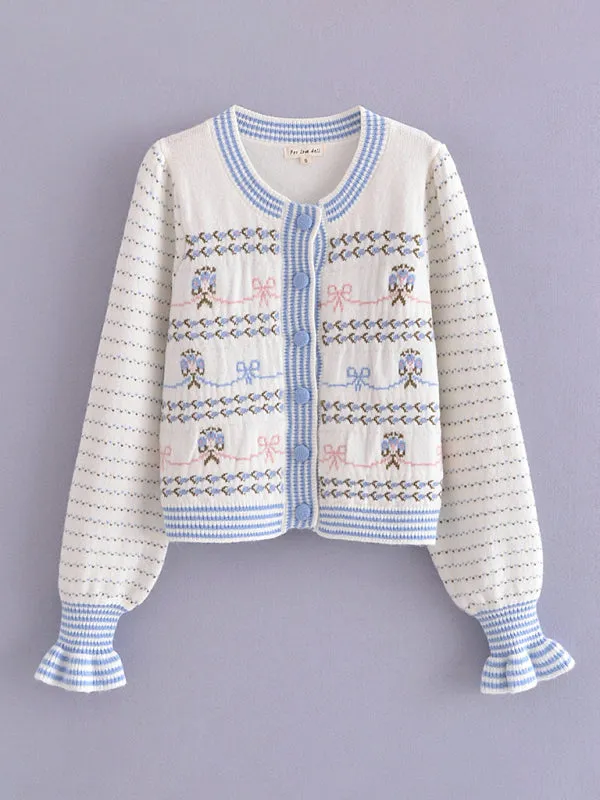 Lantern Sleeves & Bow Knit Button-Up Cozy Cardigan Sweater