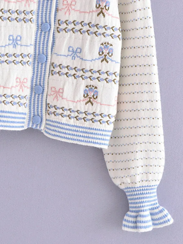 Lantern Sleeves & Bow Knit Button-Up Cozy Cardigan Sweater
