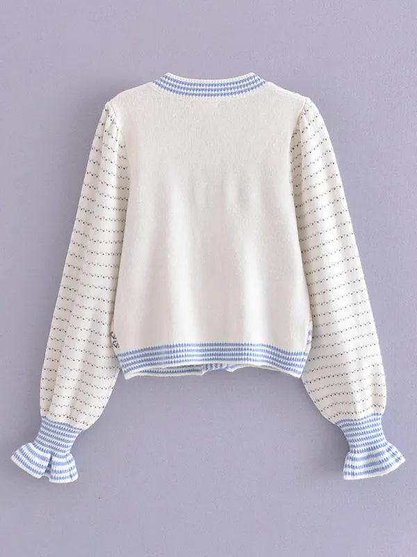 Lantern Sleeves & Bow Knit Button-Up Cozy Cardigan Sweater