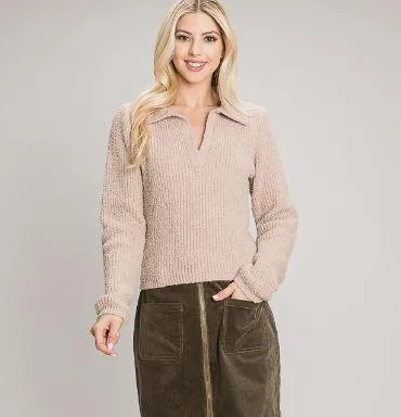 Long Sleeve Soft Chenille Collared Sweater