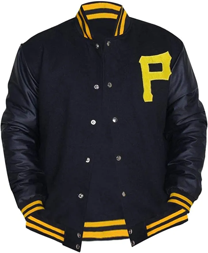 Mens Pittsburgh Pirates P Logo Baseball Majestic Varsity Black Letterman Bomber Jacket