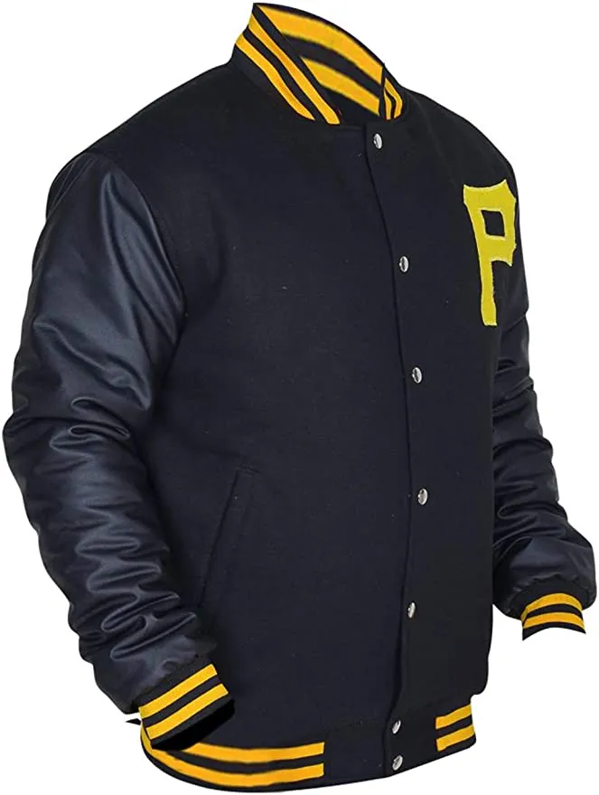 Mens Pittsburgh Pirates P Logo Baseball Majestic Varsity Black Letterman Bomber Jacket