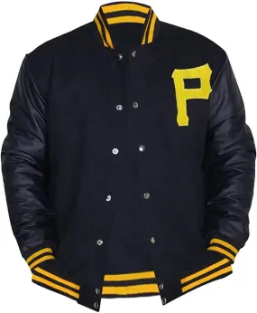 Mens Pittsburgh Pirates P Logo Baseball Majestic Varsity Black Letterman Bomber Jacket