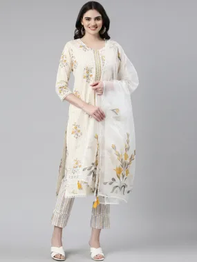 Neeru's Yellow Regular Straight Printed Kurta And Trousers With Dupatta