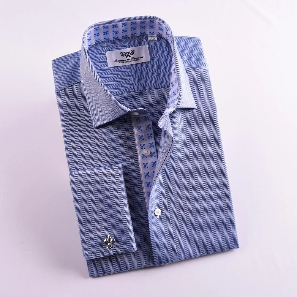 New Arrival Blue Herringbone Formal Business Dress Shirt Stylish Luxury Fashion Apparel in French Cuffss
