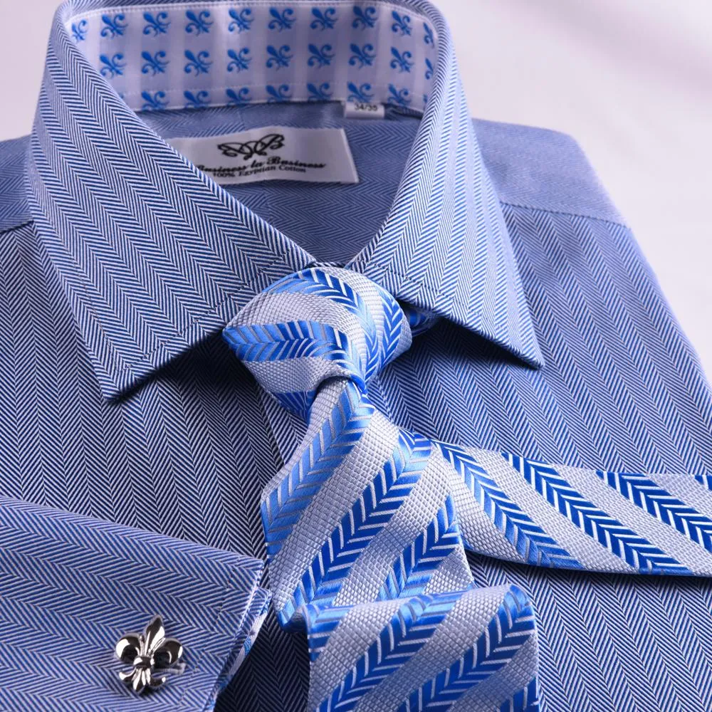 New Arrival Blue Herringbone Formal Business Dress Shirt Stylish Luxury Fashion Apparel in French Cuffss