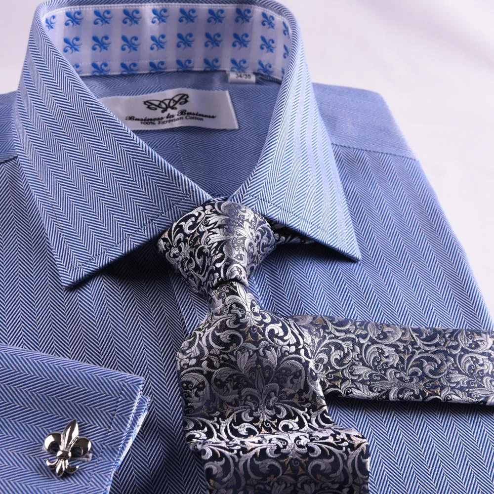 New Arrival Blue Herringbone Formal Business Dress Shirt Stylish Luxury Fashion Apparel in French Cuffss
