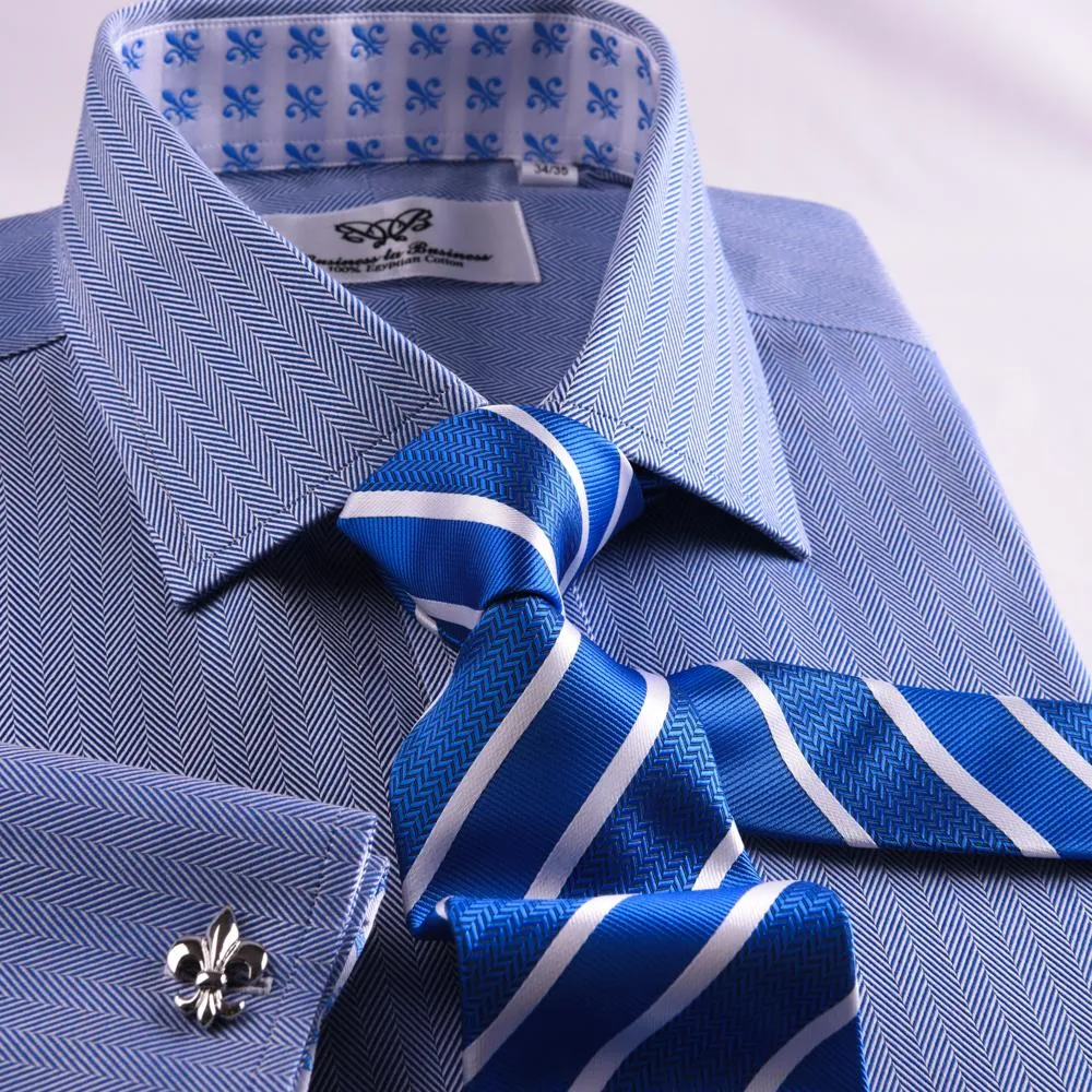New Arrival Blue Herringbone Formal Business Dress Shirt Stylish Luxury Fashion Apparel in French Cuffss