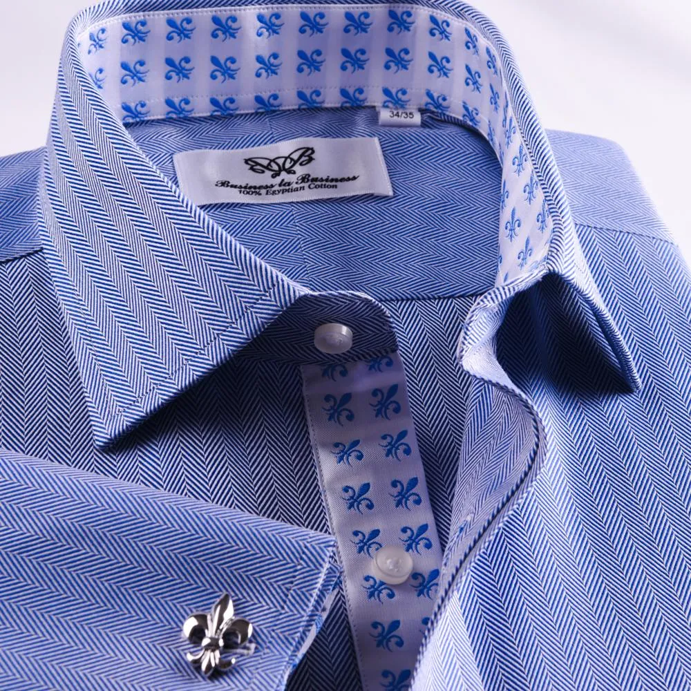 New Arrival Blue Herringbone Formal Business Dress Shirt Stylish Luxury Fashion Apparel in French Cuffss