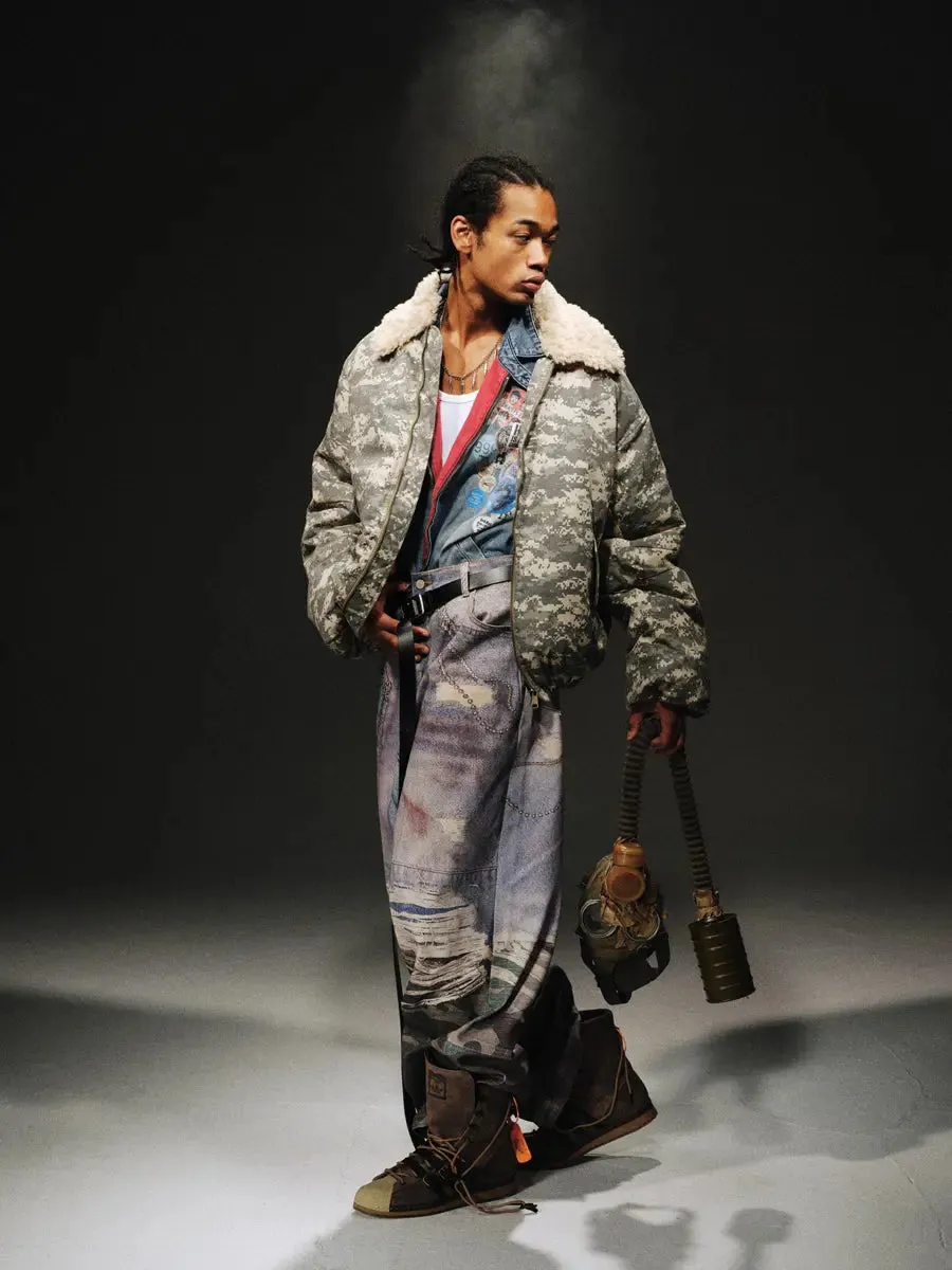 Oversized Grunge Camouflage Pattern Flight Jacket