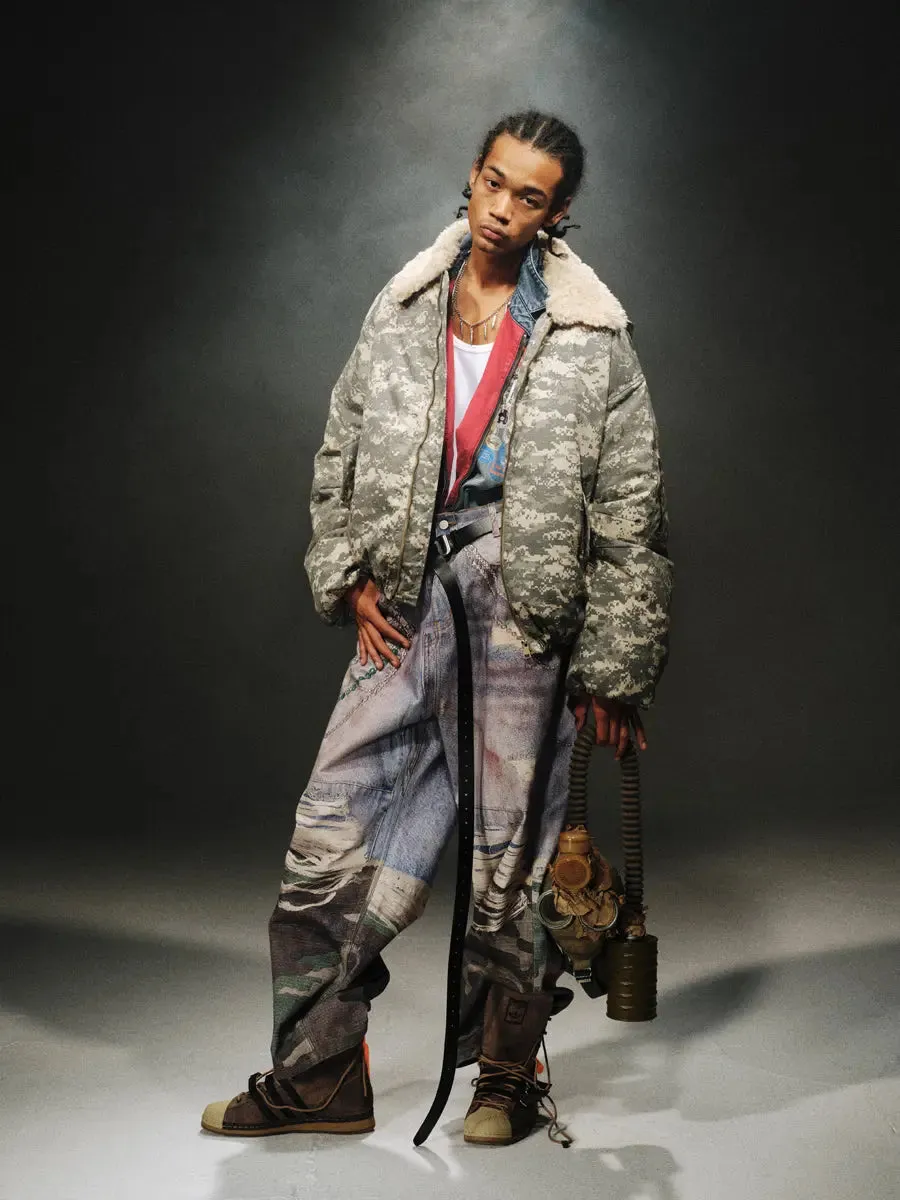 Oversized Grunge Camouflage Pattern Flight Jacket