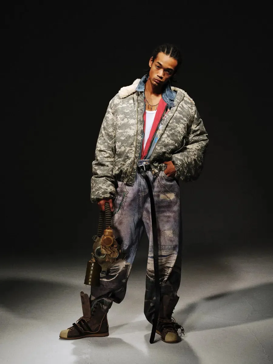 Oversized Grunge Camouflage Pattern Flight Jacket