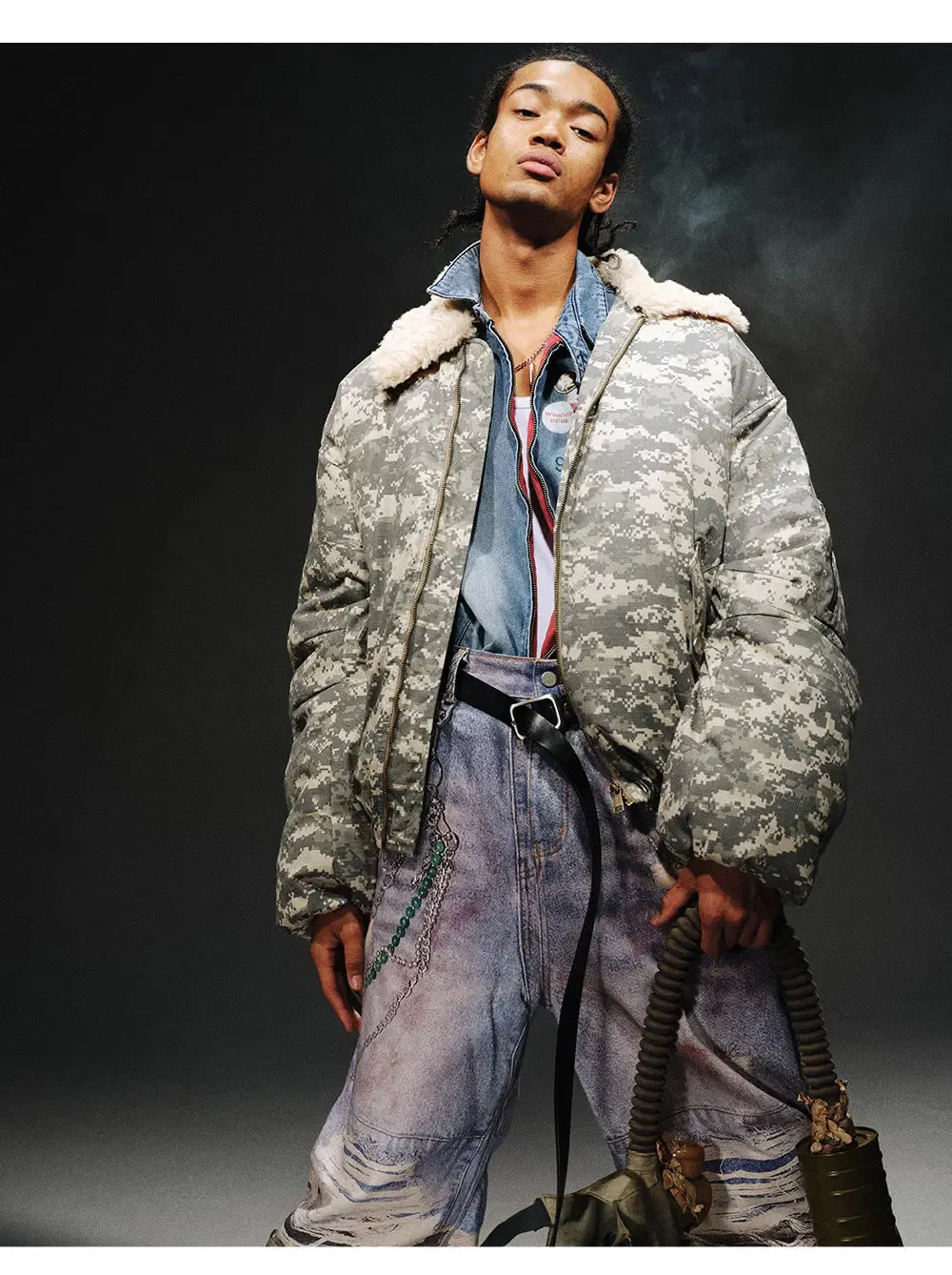 Oversized Grunge Camouflage Pattern Flight Jacket