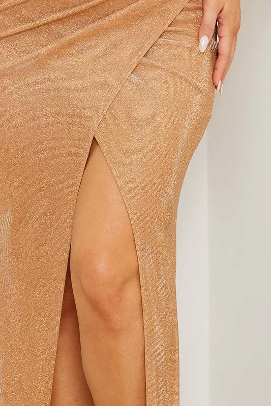 Rose Gold Glittered One Shoudler Maxi Dress
