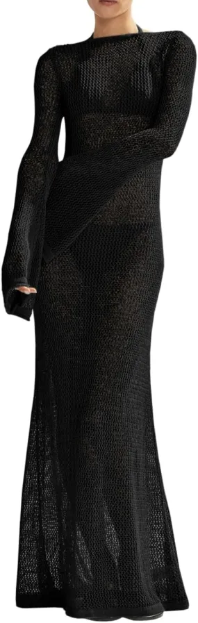 Saodimallsu Womens Crochet Cover Ups Long Sleeve Sexy Mesh Backless Knit Swimsuit Coverup Beach Maxi Dress