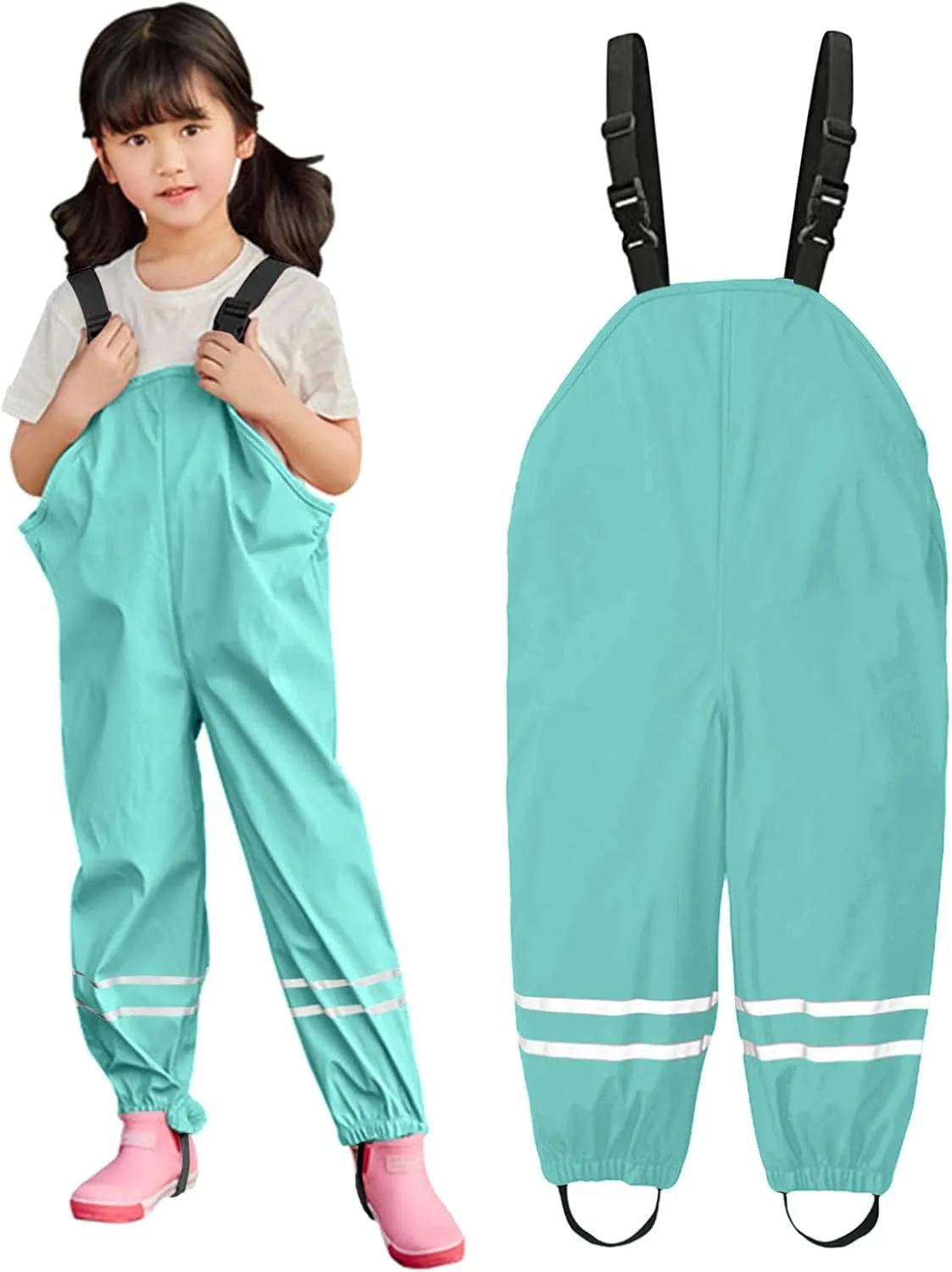 Toddlers Boys Girls Rain Bib Pants Raincoat Windproof Reflective Strips Adjustable Shoulder Strap Outwear