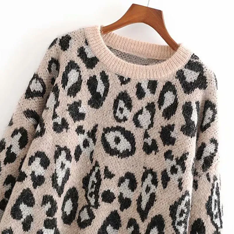 Vintage Leopard Print Sweater Women Loose