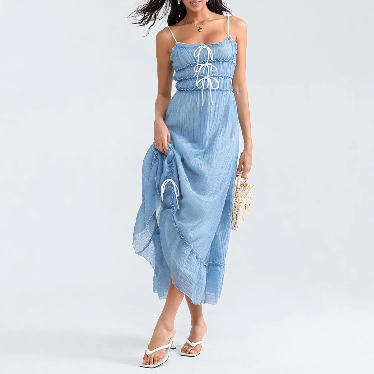 Women Floral Graffiti Print Maxi Dress Sleeveles Spaghetti Strap Sundress Summer Y2k Boho Back Tie Up Flowy Dress