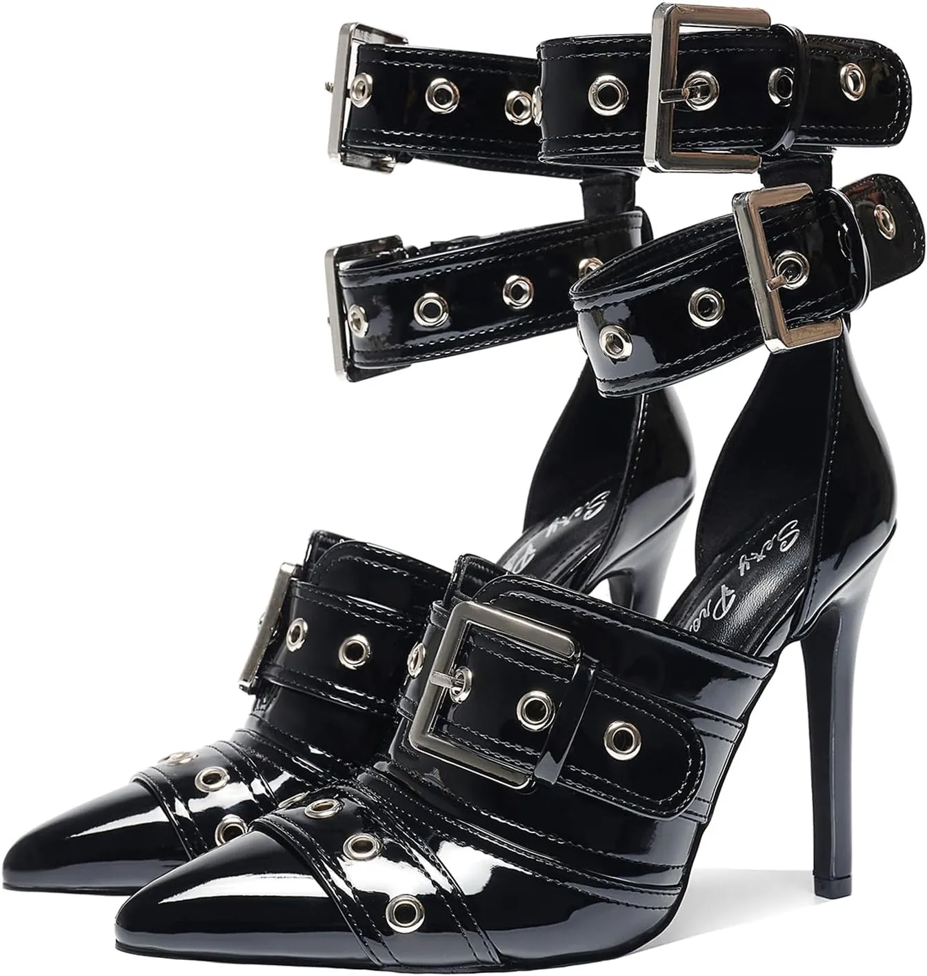 Women's 4.3IN Stiletto Pumps Double Ankle Straps & Big Buckles Pointed Toe Heels Nightclub Party Wedding Shoes