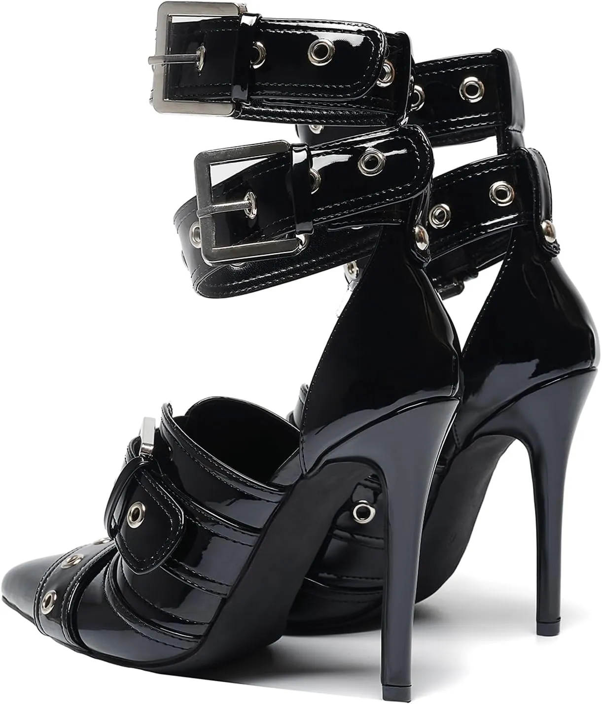 Women's 4.3IN Stiletto Pumps Double Ankle Straps & Big Buckles Pointed Toe Heels Nightclub Party Wedding Shoes