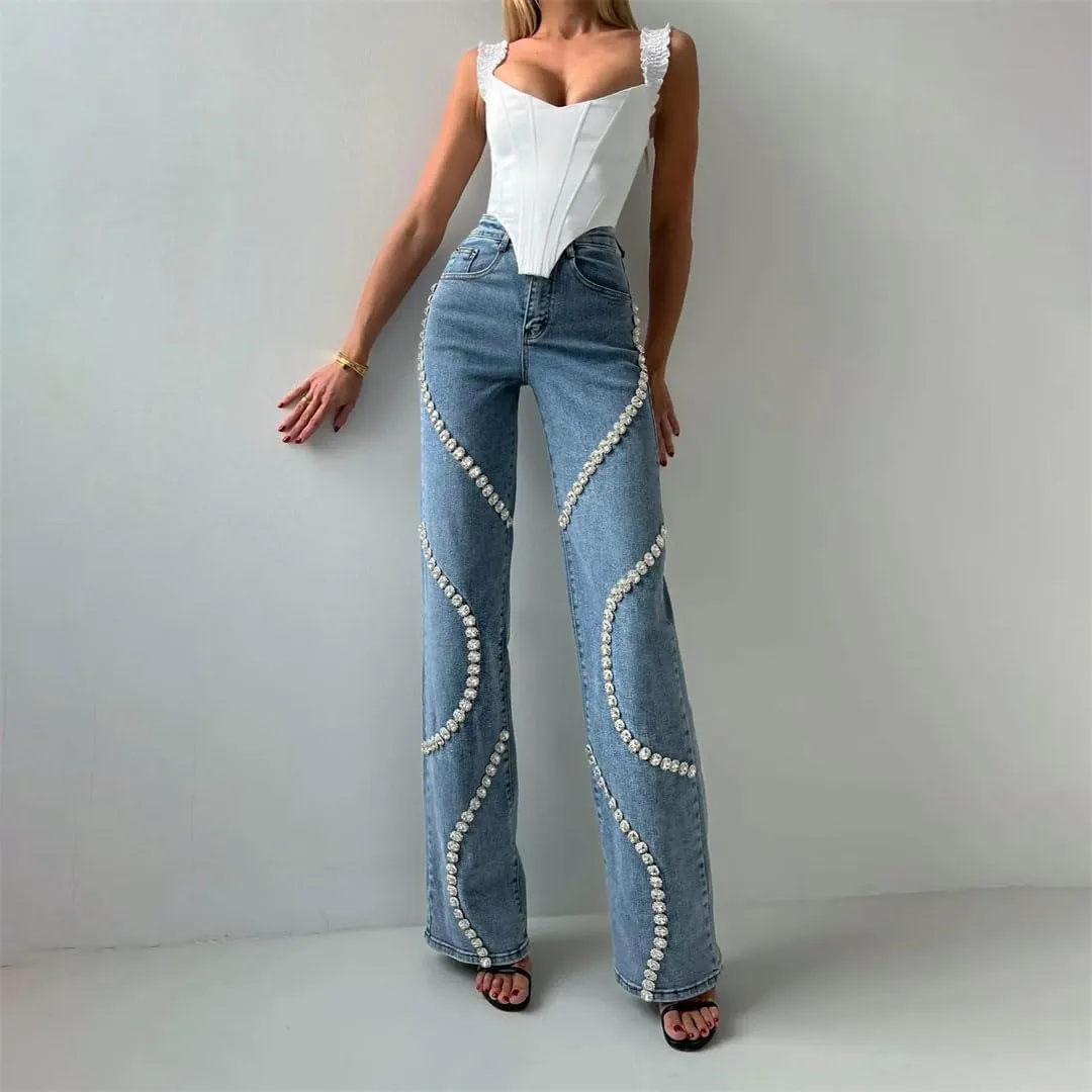 Women's Design Surrounds Rhinestone Jeans Niche Loose Straight Casual and Versatile Pants