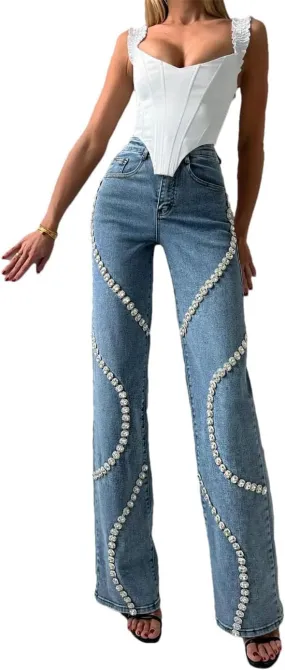 Women's Design Surrounds Rhinestone Jeans Niche Loose Straight Casual and Versatile Pants