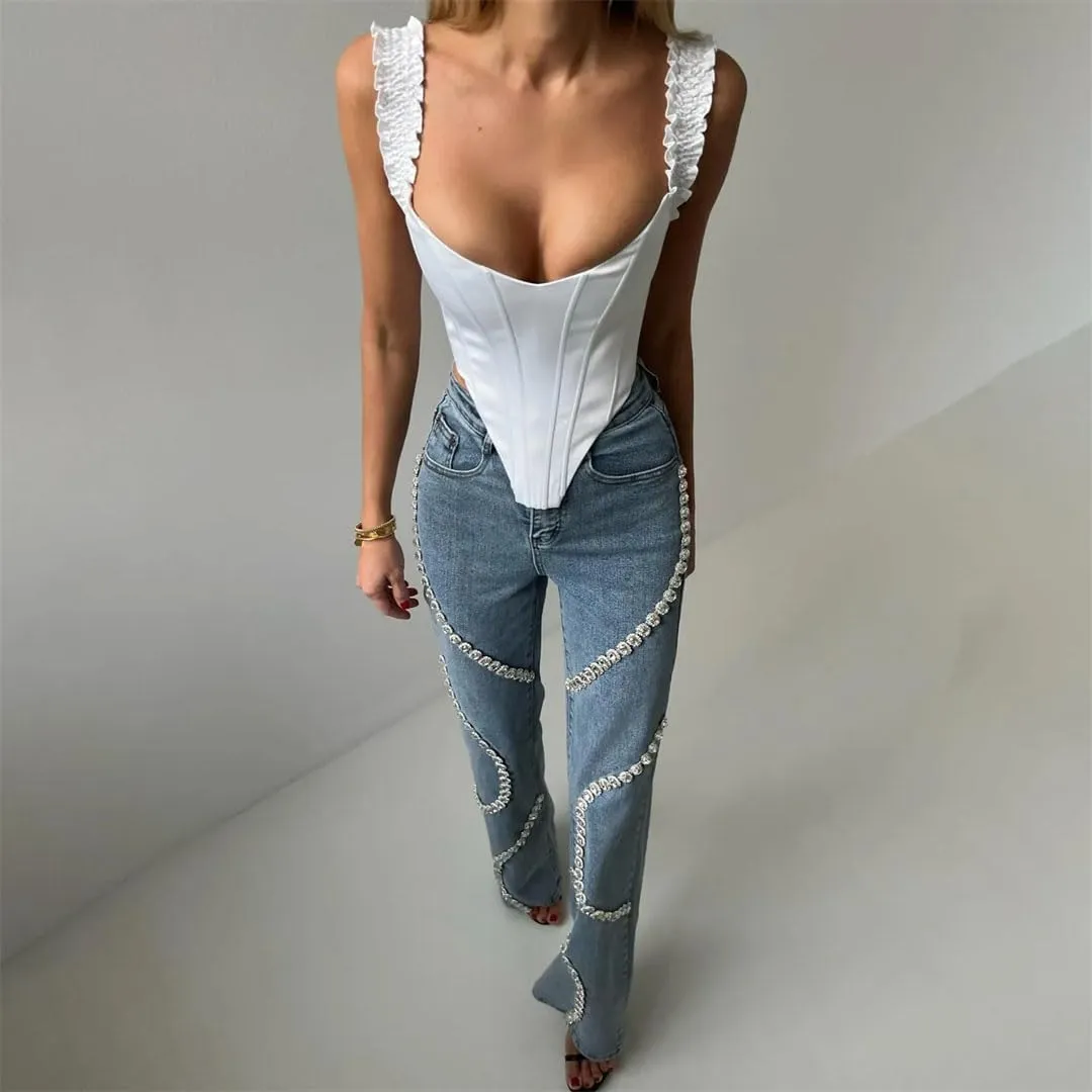 Women's Design Surrounds Rhinestone Jeans Niche Loose Straight Casual and Versatile Pants