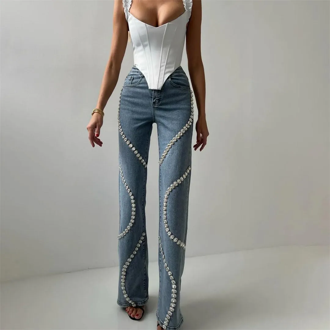 Women's Design Surrounds Rhinestone Jeans Niche Loose Straight Casual and Versatile Pants