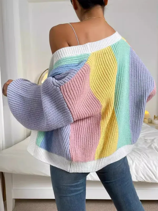 Women’s Rainbow Knitting Open-Front Cardigan | Cozy Relaxed Fit Sweater