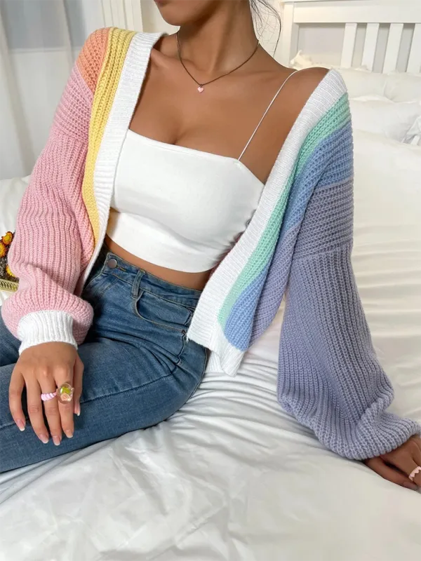 Women’s Rainbow Knitting Open-Front Cardigan | Cozy Relaxed Fit Sweater