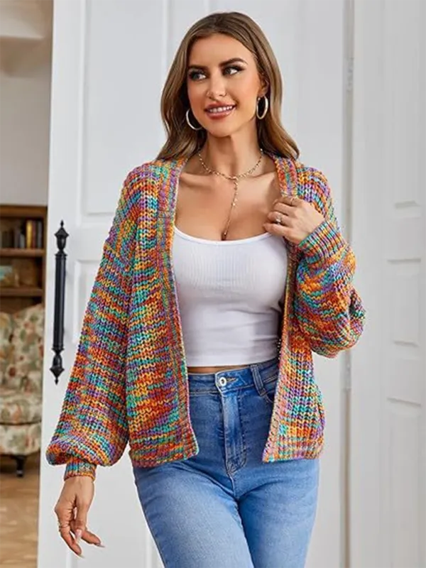 Women’s Rainbow Knitting Open-Front Cardigan | Cozy Relaxed Fit Sweater