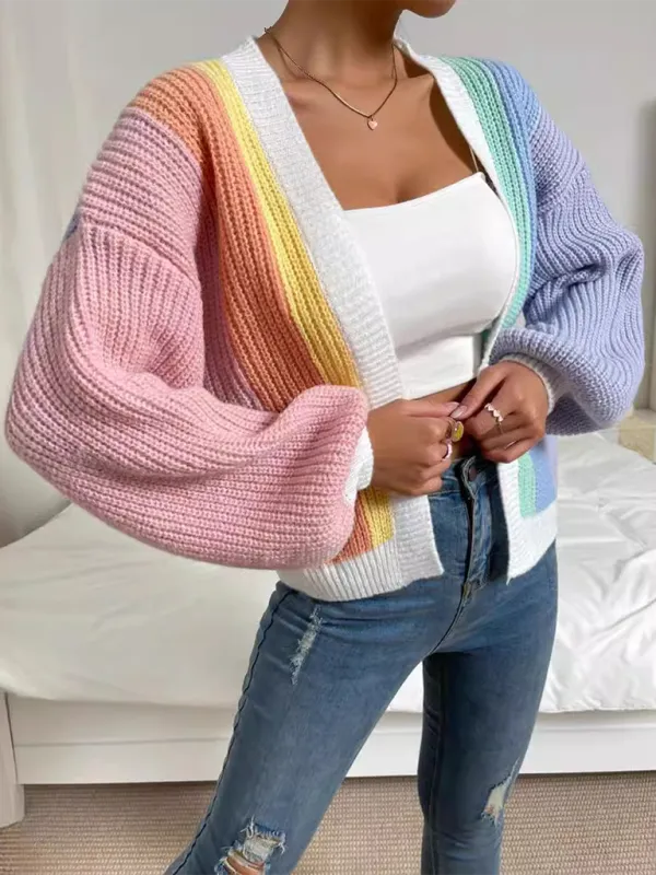 Women’s Rainbow Knitting Open-Front Cardigan | Cozy Relaxed Fit Sweater