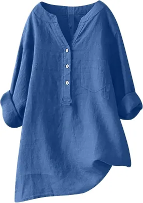 Women's Short Sleeve Cotton Linen Shirt Casual V Neck Trendy T Shirt Collared Button Down Loose Summer Tops