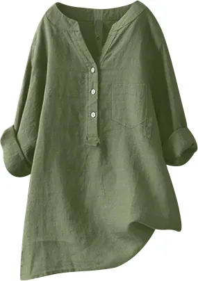 Women's Short Sleeve Cotton Linen Shirt Casual V Neck Trendy T Shirt Collared Button Down Loose Summer Tops