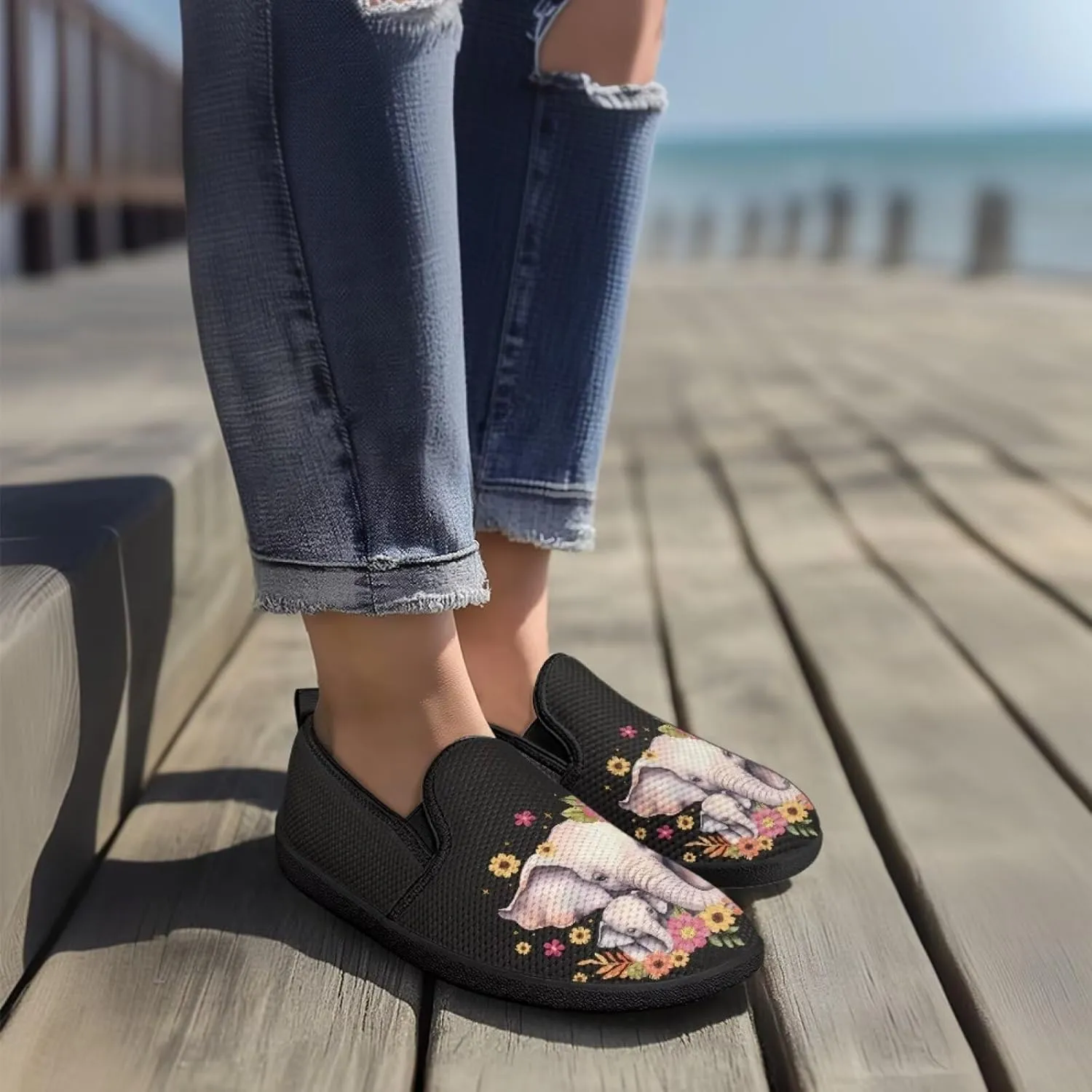 Womens Slip On Ladies Flats Animal Print Breathable Mesh Walking Shoes Lighweight Round Toe Sneakers