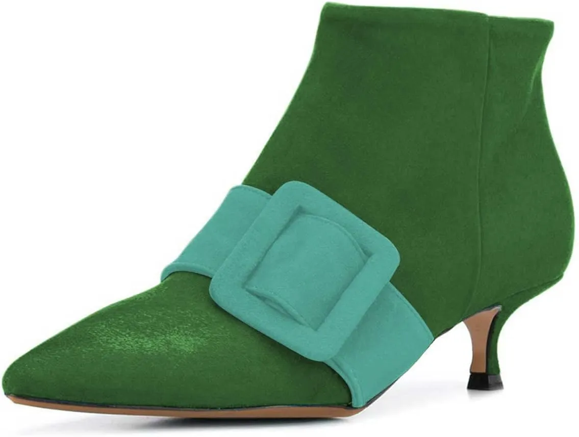 XYD Women's Kitten Low Heel Ankle Boots Pointed Toe Side Zip Short Bootie Buckle Strap Office Event Casual Fall Winter Shoes